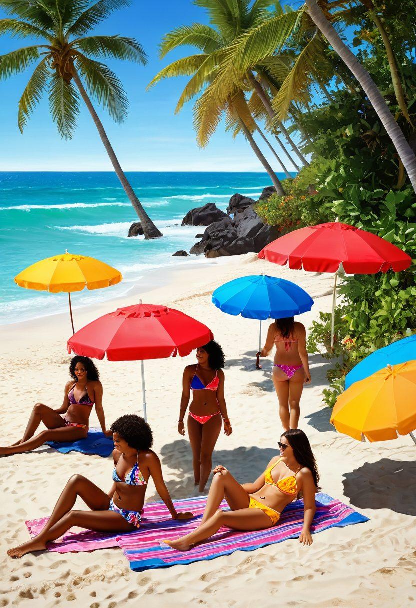 A stunning beach scene showcasing a diverse group of people in vibrant swimwear and casual beachwear, laughing and enjoying the sun. Include colorful beach umbrellas, soft sand underfoot, and crystal-clear waves in the background. Emphasize a relaxed, carefree atmosphere, with hints of tropical plants in the foreground. Capture the essence of summer fun and effortless style. bright colors. realistic. sunny day.