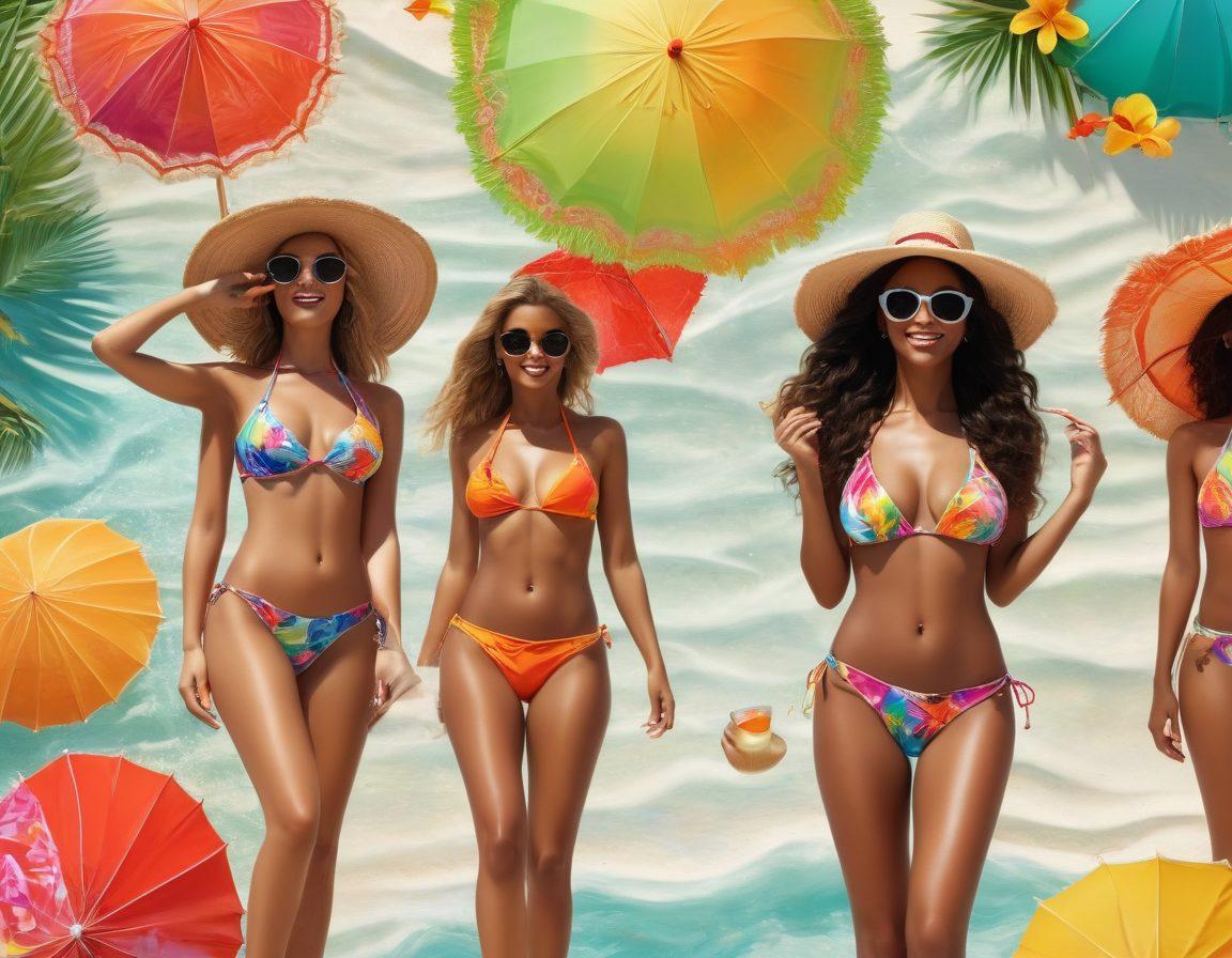 A sun-drenched beach scene featuring models of diverse backgrounds showcasing vibrant and trendy bikinis, with colorful beach umbrellas and playful waves in the background. Add elements like stylish beach hats, sunglasses, and tropical drinks to highlight summer fashion. Incorporate a lively atmosphere with people enjoying beach activities. bright and colorful. super-realistic.
